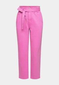 Pantaloni alti rosa in cotone, con vita cinturata, tasche laterali e una silhouette dritta con una texture liscia.