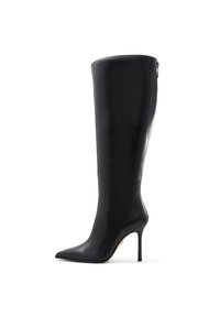 Stivale alto in pelle nera con punta affusolata e tacco a stiletto, caratterizzato da una texture liscia e da una chiusura con zip laterale per una facile calzata.