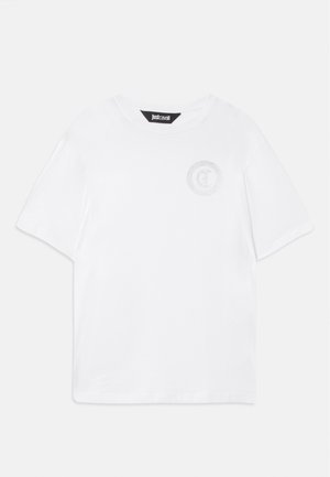 Witte katoenen T-shirt met korte mouwen, ronde hals en een subtiele logo-afbeelding in lichtgrijs op de linkerborst.