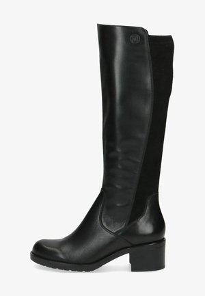 Knee-high black boots featuring a combination of leather and suede, with a block heel and textured side panel for added grip.