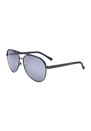 Occhiali da sole aviator in metallo con lenti gradienti scure e aste sottili, con accenti blu sulla montatura e sulle punte delle aste.