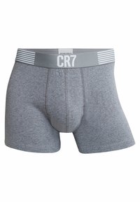 Gray boxer briefs with a soft, textured fabric and a gray elastic waistband featuring white CR7 logo and striped accents.