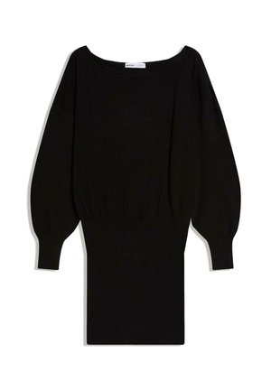 Rochie neagră tricotată cu mâneci lungi, decolteu larg în forma de barcă, mâneci tip balon, manșete strâmte și tricotate, și partea de fustă strâmtă, tricotată.