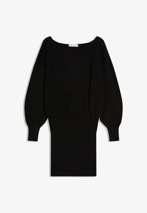 Musta pidempihihainen neulemekko, leveällä venepääntiellä, pallohihansuihin, istuviin resorireunuksiin hihansuissa ja tiukasti istuvaan resorihameosaan.