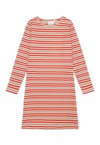 Rö stripesi pikad varrukad kleit heleses roosas, punaste ja persikakollaste horisontaalsete triipudega. Puuvillane materjal, ümar kaelus, lõtv lõige, ribakujuline tekstuur.