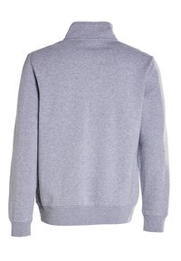 Felpa grigia in pile con colletto alto, maniche lunghe, polsini e orlo a coste. Texture liscia con un leggero motivo mélangé.
