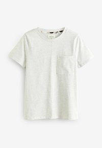 Graues Kurzarm-T-Shirt aus einem weichen, strukturierten Stoff. Mit einer Brusttasche und einem Rundhalsausschnitt, der ein dezentes horizontales Muster aufweist.