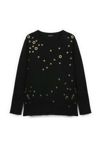 Schwarzer Pullover mit langen Ärmeln und Rundhalsausschnitt, verziert mit verstreuten kleinen und großen metallischen goldfarbenen Ösen.