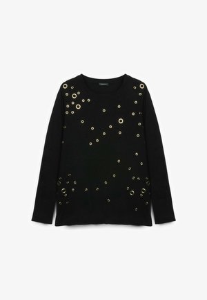 Sort langærmet sweater med rund halsudskæring, dekoreret med spredte små og store metalliske guldsøm.