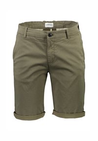 Olijfgroene shorts van gestructureerde stof, met een knoopsluiting, opgerolde boorden en voorzakken. Label zichtbaar aan de binnenkant van de tailleband.