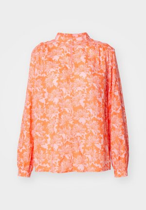 Langärmeliges Blusenshirt in leuchtendem Orange mit einem rosa Blumenmuster, ausgestattet mit einem hohen Kragen und gerafften Ärmeln. Leichtes Gewebe, lockere Passform.