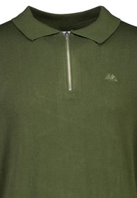 Polo in maglia verde oliva con scollo a zip e colletto ripiegato. Presenta un ricamo del logo discreto sul petto. Morbido al tatto.