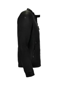 Zwarte leren jack met een staande kraag, ritssluiting aan de voorkant en zijzakken, met een gladde textuur en een aansluitend ontwerp.