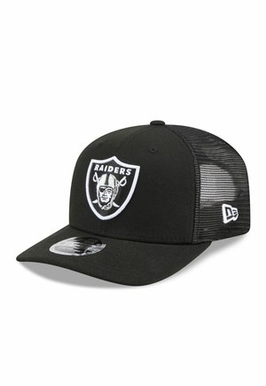 Black mesh baseball cap with an embroidered Raiders logo on the front and a New Era logo on the side.