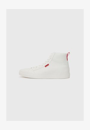 High-top sneakers made of smooth white leather with a red logo tab and red pull tab, featuring a white rubber outsole and laces.