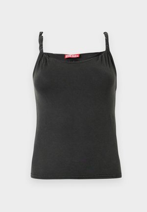 Μαύρο αμάνικο φανελάκι της μάρκας Diesel με ρυθμιζόμενους ιμάντες και τετράγωνο ντεκολτέ σε απλό φόντο.