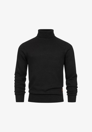 Schwarzer Rollkragenpullover aus Strickmaterial. Mit langen Ärmeln, gerippten Bündchen und Saum sowie einer taillierten Silhouette.