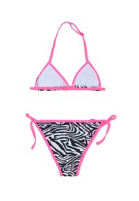 Set di bikini con top a triangolo e slip con laccetto. Caratterizzato da spalline rosa e tessuto a stampa zebra in bianco e nero. Texture liscia.