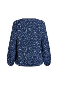 Navy blouse featuring a floral pattern in light blue, round neckline, long sleeves with elastic cuffs, and a relaxed fit.