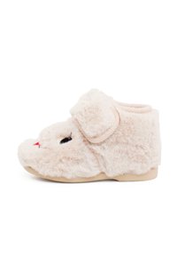 Pantofole morbide in peluche beige a forma di coniglio, con orecchie flosce, occhi ricamati, un naso rosso e una suola in gomma beige. Accoglienti e calde.
