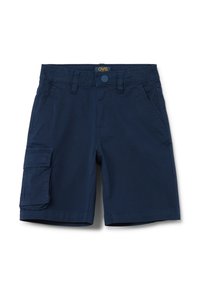 Bermudas de cargo azul marino con un bolsillo lateral, passadores para cinturón y cierre frontal con botón. Fabricadas en tejido de algodón con una textura suave.