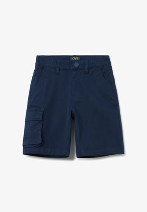 Marineblaue Cargo-Shorts mit einer Seitentasche, Gürtelschlaufen und einem vorderen Knopfverschluss. Hergestellt aus Baumwollstoff mit glatter Textur.