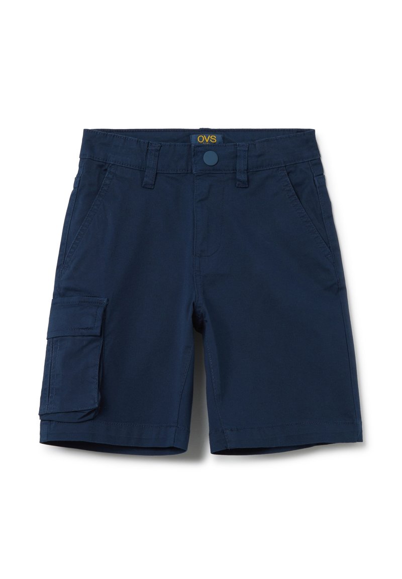 Bermudas de cargo azul marino con un bolsillo lateral, passadores para cinturón y cierre frontal con botón. Fabricadas en tejido de algodón con una textura suave.