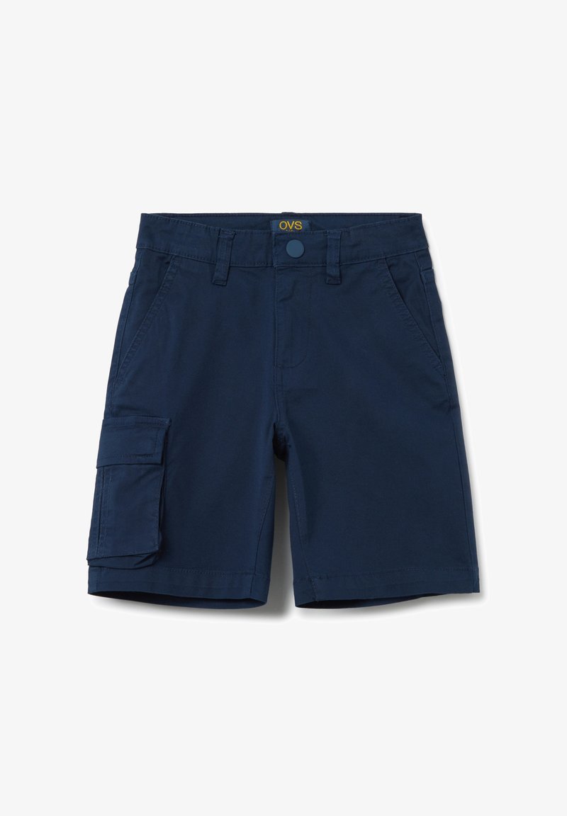 Marineblauwe cargoshorts met een zijzak, ceintuurlussen en een voorknopsluiting. Gemaakt van katoenstof met een gladde textuur.
