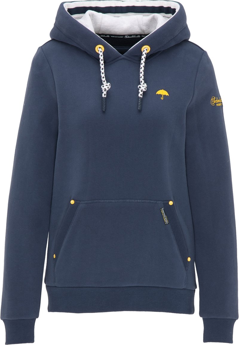 Sweat à capuche bleu marine avec cordons blancs, poche kangourou à l'avant, logo parapluie jaune sur la poitrine et texte jaune sur la manche gauche.