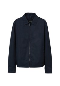Giacca leggera blu navy con zip, colletto a punta, maniche lunghe e tasche laterali in una finitura di tessuto morbido.