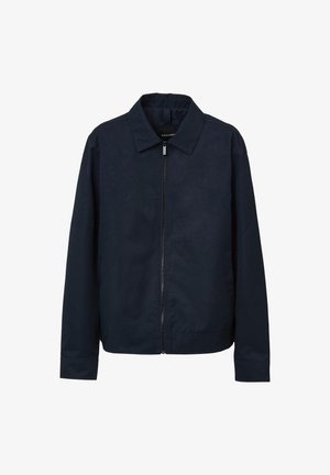 Leichtgewichtige marineblaue Jacke mit Reißverschluss, Punktkragen, langen Ärmeln und Seitentaschen in einem glatten Stofffinish.