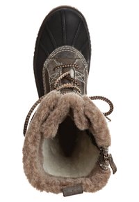 Botte d’hiver marron avec embout en caoutchouc noir, doublure épaisse en polaire et lacets marron vue de dessus.