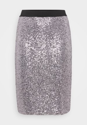 Shiny silver sequined pencil skirt with a black elastic waistband. The surface reflects light, creating a textured appearance.