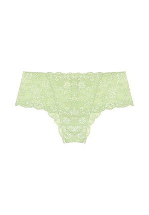Biancheria intima da donna in pizzo verde chiaro con motivi floreali, caratterizzata da un bordo smerlato lungo la cintura e l'apertura delle gambe.