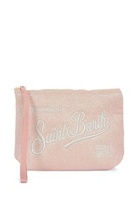 Pochette glitterata rosa con testo ricamato "Sogni di Saint Barth" e "Paradiso Invernale", dotata di chiusura con zip e tracolla in tessuto.