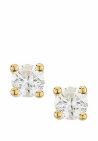 Kuldne kõrvarõngad, millel on ümmargused, lihvitud läbipaistvad kivid, mida hoiavad neli silindrilist patentkinnitust. Ühtlane viimistlus peegeldavate pindadega.