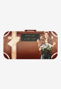 Brun rektangulär låda med en blommig illustration och guldaccenter. Har en tagg märkt "Framgång" och ett handtag på toppen.