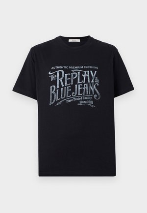 Black cotton t-shirt with short sleeves and a round neckline, featuring a vintage-style white and light blue graphic text design on the front.