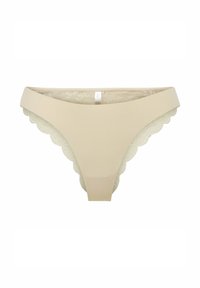 Beige Tanga aus glattem Stoff mit Spitze. Verfügt über gewellte Kanten und einen hüfternahen Bund. Bietet minimale Bedeckung.