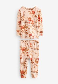 Conjunto de pijama con estampado floral que incluye una blusa de manga larga y pantalones a juego, fabricado en una suave tela en melocotón pastel con flores rojas y moradas.