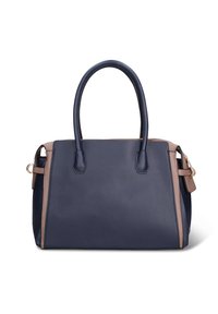 Marineblauwe gestructureerde handtas gemaakt van getextureerd leer met twee bovenhandvatten en contrasterende lichtbruine zijaccenten. Voorzien van gouden beslag.