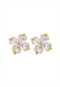 Boucles d'oreilles dorées ornées de quatre cristaux transparents en forme de cœur disposés en motif de trèfle, avec de petites accents ronds dorés.