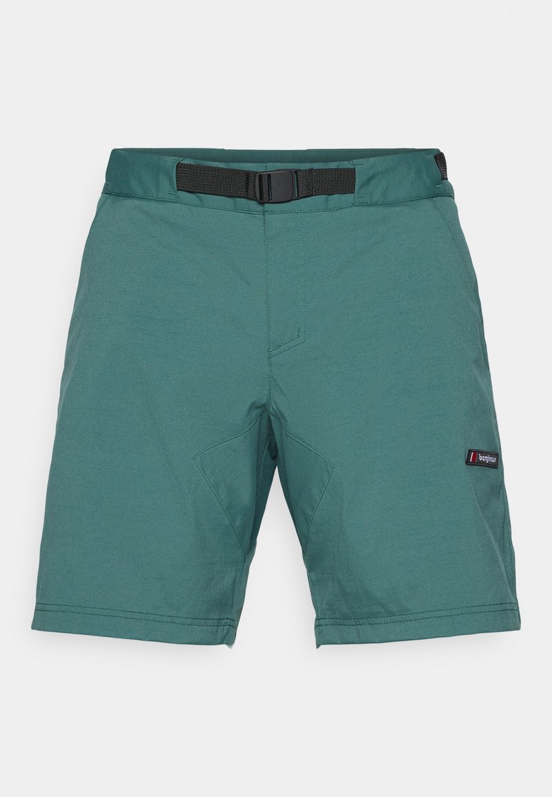 Grüne Shorts aus leichtem Stoff. Verfügt über einen verstellbaren schwarzen Gürtel, gestickte Details und ein kleines Markenschild auf der rechten Seite.