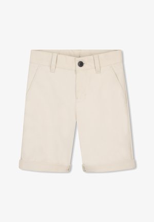 Beige katoenen korte broek met een gladde textuur, voorzien van een knoopsluiting, riemlussen en opgevouwen boorden. Voorzakken zijn zichtbaar aan beide zijden.
