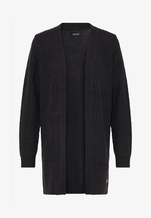 Čierny pletený kardigán s otvoreným predným dielom, dlhými rukávmi, ribovanými manžetami a textúrovaným povrchom. Obsahuje malé logo na leme.