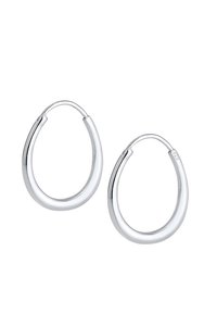 Sølvøreringe med en dråbeform, der har en glat, skinnende overflade og en sikker lås. Fremstillet af 925 sterling sølv.