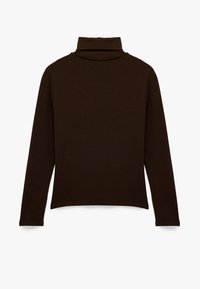 Brun langærmet top med høj hals; glat tekstur; tætsiddende design; ensfarvet uden mønstre eller accenter; bagview.