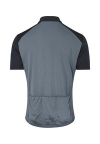 Korte mouwen, grijs-zwart wielertricot met drie achterzakken en een Vaude-logo onderaan in het midden.