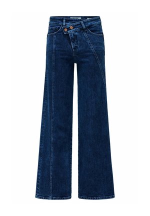 Jean large bleu foncé avec taille haute et fermeture à double bouton superposée à l'avant.