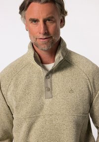 Khaki pullover lavet af struktureret stof, med høj krave, trykknaplukning og et lille logo på brystet.